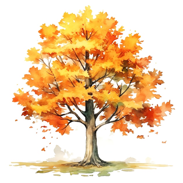 Cute watercolor orange autumn tree illustration woodland animals clipart