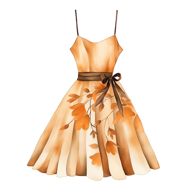 Cute watercolor orange beige beautiful dress for autumn fall time with autumn leaves illustration