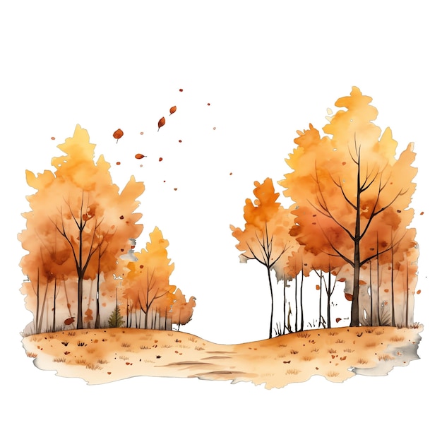 Cute watercolor orange red fall autumn trees landscape illustration