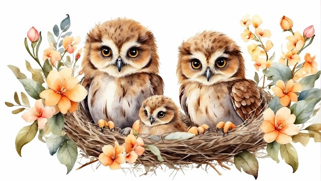 Cute watercolor owl family with chicks in a spring blooming nest of twigs and flowers on a white background Spring card spring time AI generated