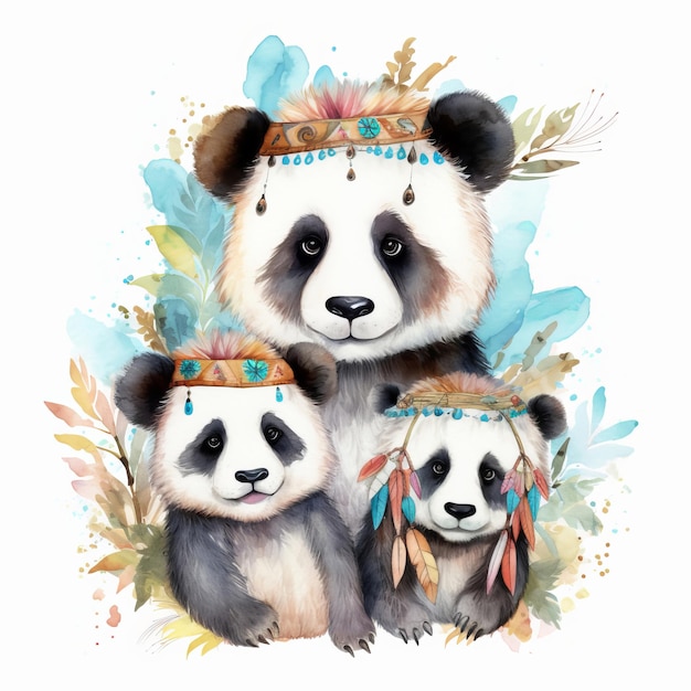 Foto cute acquerello panda famiglia illustrazione ai generativexa