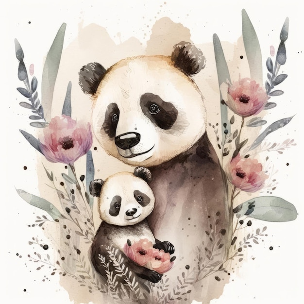 Cute watercolor panda with mom Illustration AI GenerativexA