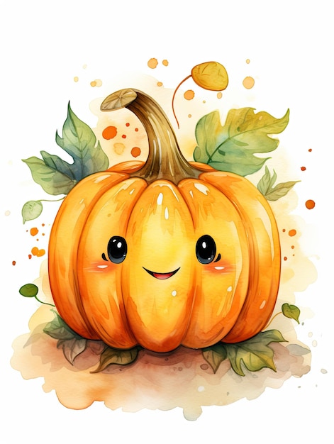 Cute watercolor pumpkin on white background orange pumpkin with smile for your design generative ai