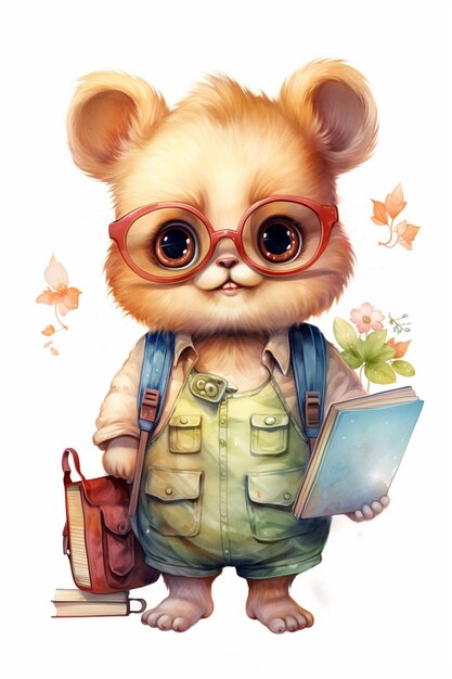 Cute watercolor rabbit character with a book