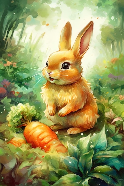 Cute Watercolor Rabbit Finding Carrot Printable Art Bunny Illustration Wall Decor