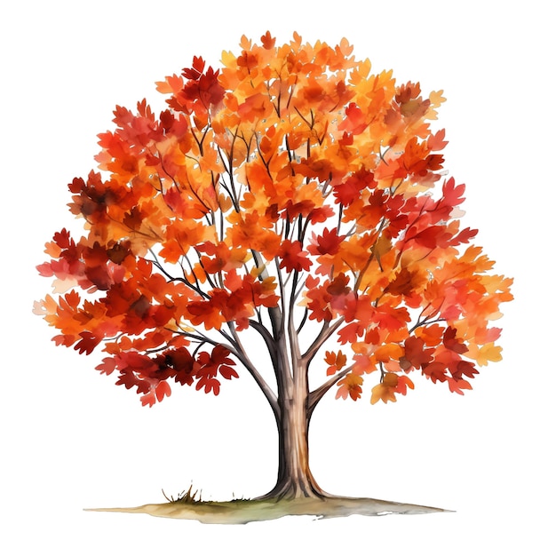 Cute watercolor red orange tree fall autumn illustration