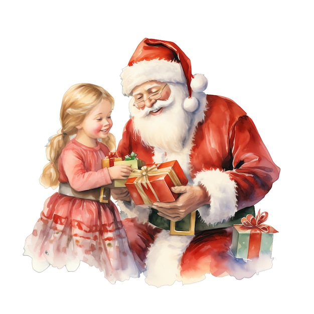 Cute watercolor santa clause giving presents to children illustration for christmas