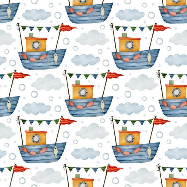 Cute watercolor seamless pattern boats