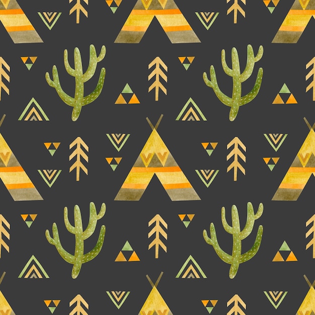 Cute watercolor seamless pattern of cactus wigwam fir trees