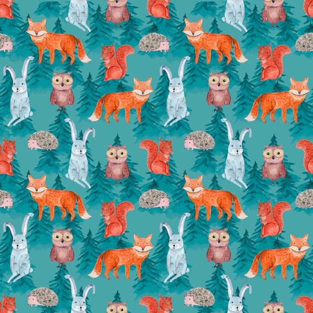 사진 아이 표면 디자인을위한 푸른 침엽수 숲에서 쾌활한 동물들과 함께 귀여운 수채화 원활한 패턴