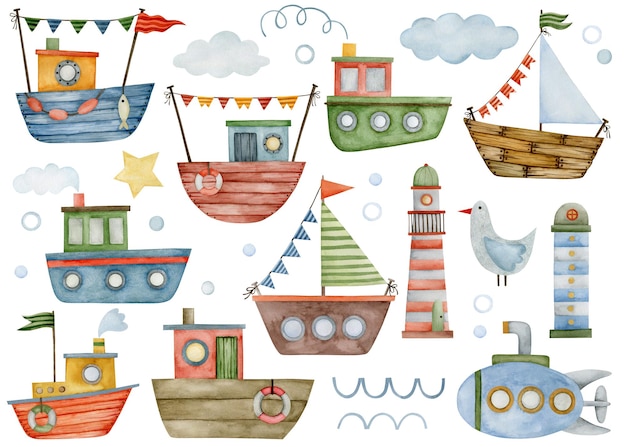 Cute watercolor set of illustrations on the marine theme ships seagull submarine lighthouses