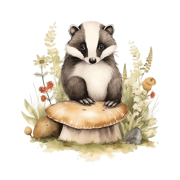 Cute watercolor skunk with mushroom illustration woodland animals clipart