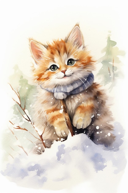 Cute watercolor smiling happy kitten in winter