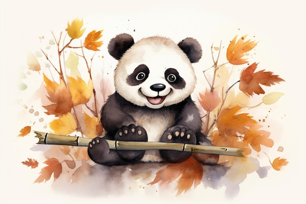 Cute watercolor smiling happy panda in autumn