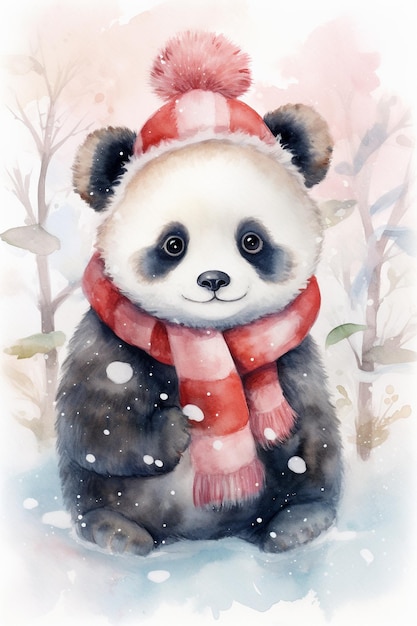 Симпатичная акварель, улыбающаяся счастливая панда зимой