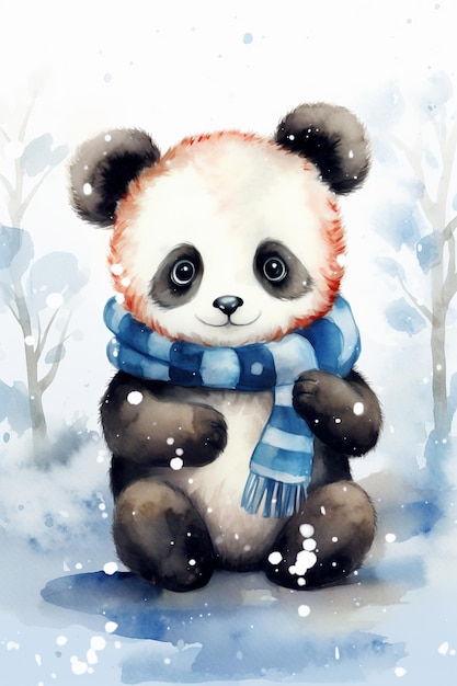 Cute watercolor smiling happy panda in winter