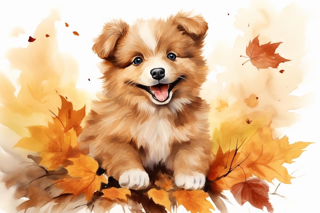 Симпатичный акварельный улыбающийся счастливый щенок в шарфе и шляпе осенью
