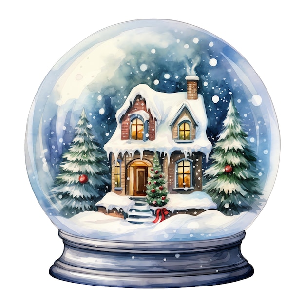 Cute watercolor snowball of a cabin in the snow in christmas illustration for christmas