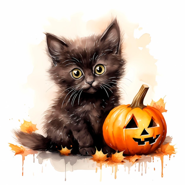 Cute watercolor spooky cat Halloween illustration