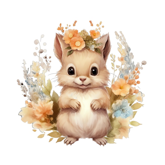 Cute watercolor squirrel with flowers and boho plants illustration