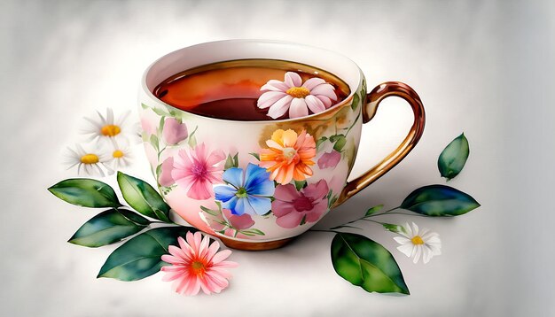 A cute watercolor tea cup with flowers AI generated