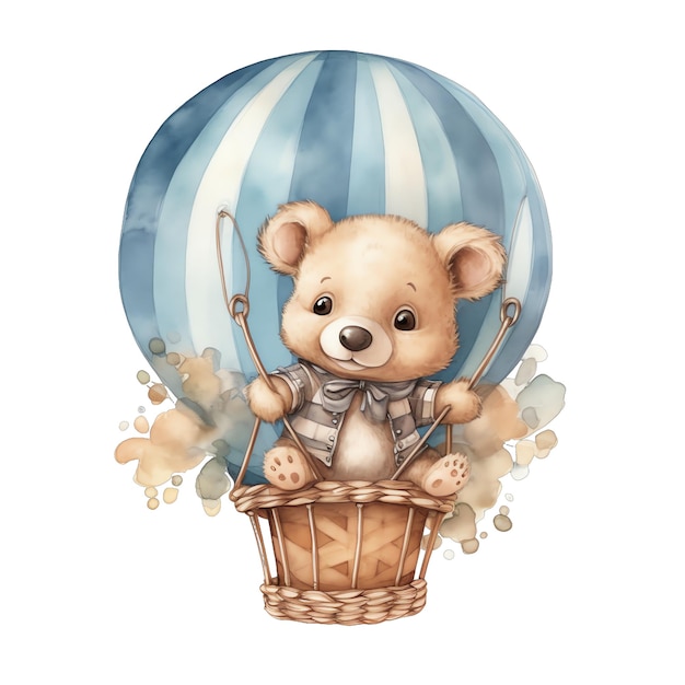 Cute watercolor Teddy Bear in a Hot Air Balloon illustration