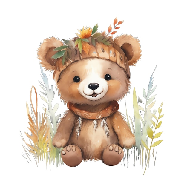 Cute watercolor Teddy Bear in a straw basket illustration