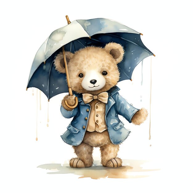 Cute watercolor teddy bear with umbrella and blue coat illustration teddy bears clipart