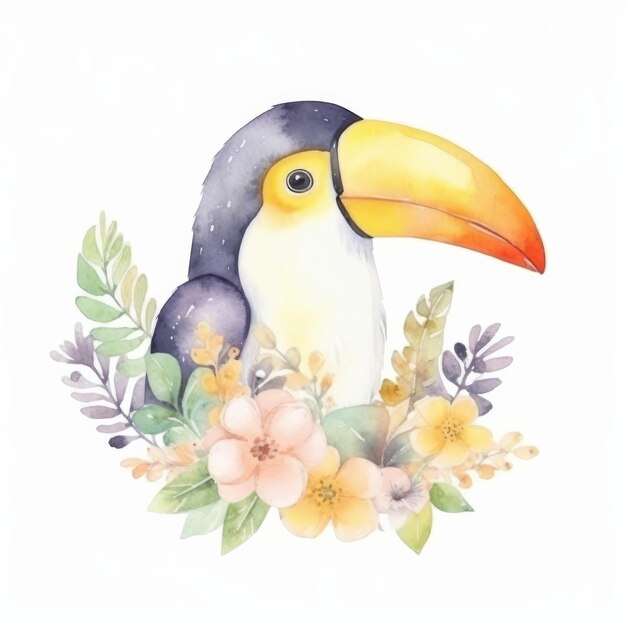 Cute watercolor toucan bird Illustration Generative AIxD