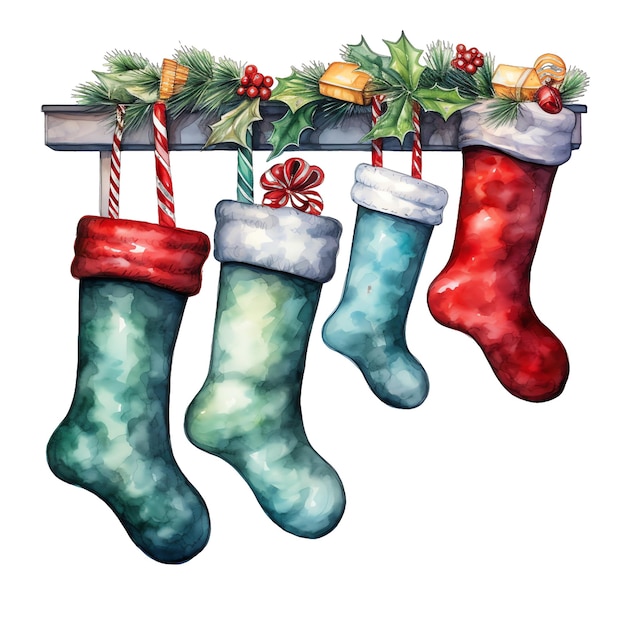 Милые акварели традиционные рождественские носки иллюстрация для Рождества