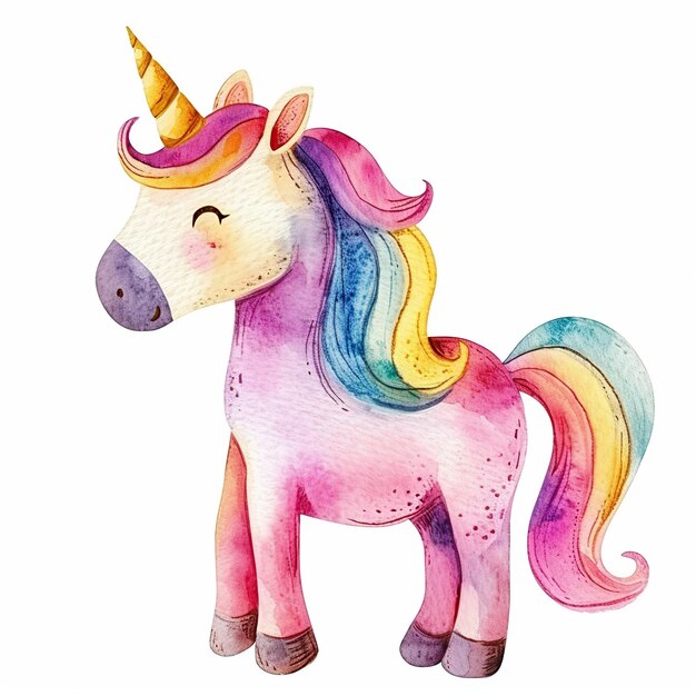 Cute watercolor unicorn with stars on white background Magic design