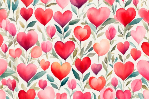 Cute watercolor valentines day with flower rose and hearts seamless pattern
