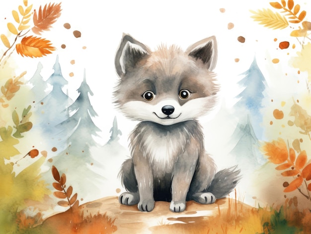 Cute watercolor wolf illustration for children