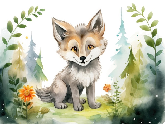 Premium Photo | Cute watercolor wolf illustration for children