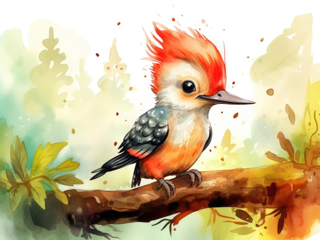Cute watercolor woodpecker illustration for children