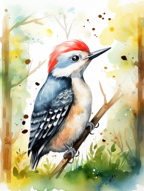 Cute watercolor woodpecker illustration for children