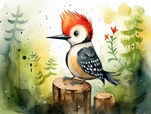 Cute watercolor woodpecker illustration for children