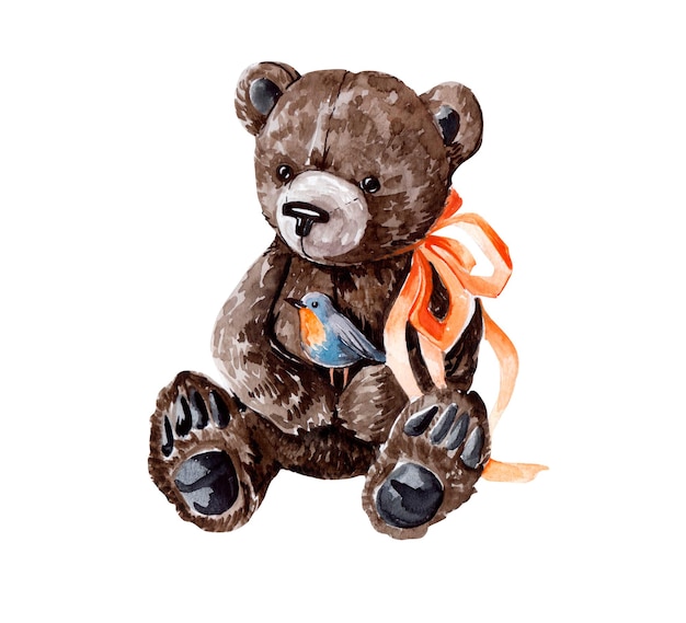 Cute Watercolour Bear With Ribbon