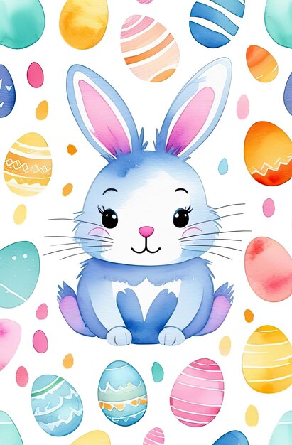 A cute watercolour Easter bunny with a basket of eggs and spring flowers is an illustration of a children character on a white background a traditional holiday card AI generated