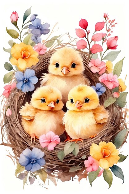 Cute watercolour fluffy yellow chicks in a spring blooming nest of twigs and flowers in nature Spring card spring time children childhood AI generated