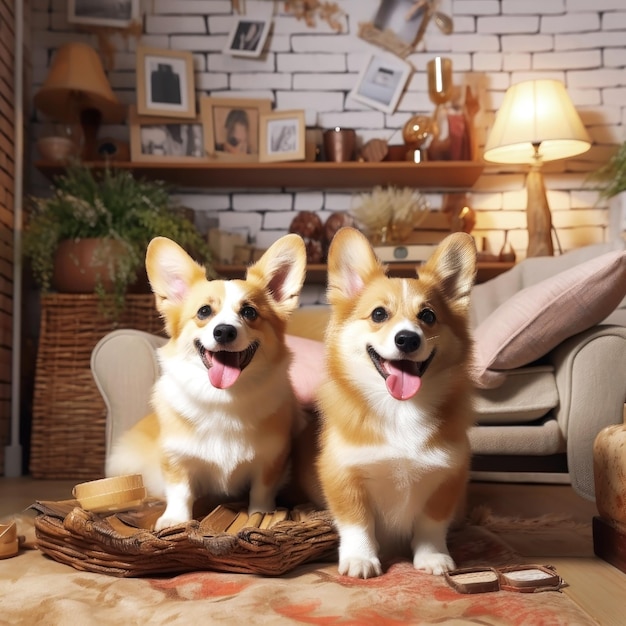 Cute Welsh Corgi dog lying in living room