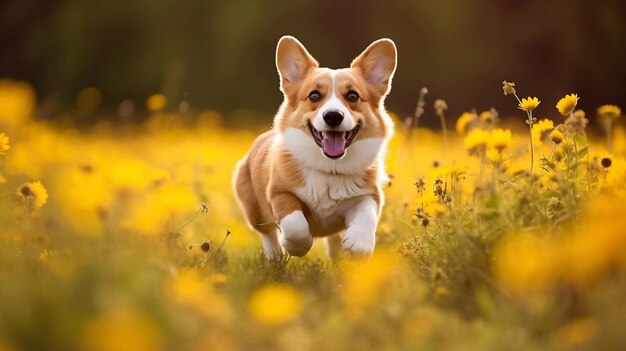 Милая валлийская собака-корги бежит по полю.