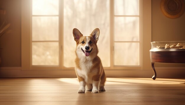 窓の前で立っている可愛いウェールズ・コーギー犬