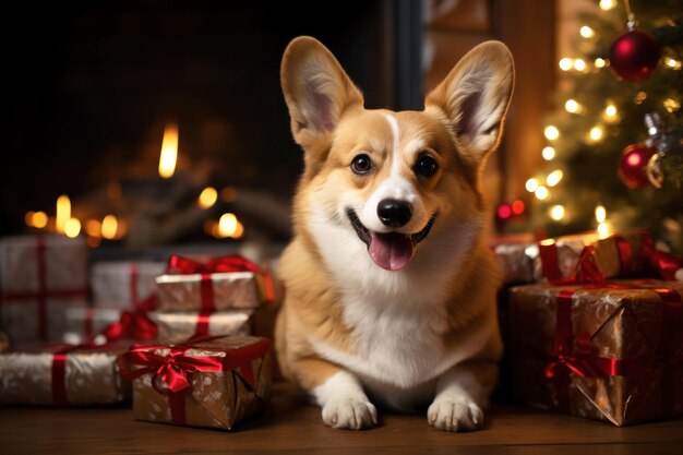 Photo cute welsh corgi and gift boxes and front of fireplace in a christmas festive concept