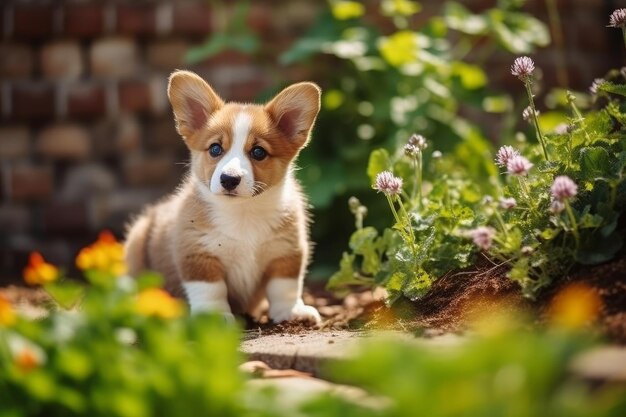 Cute welsh corgi puppy with flowers generative ai