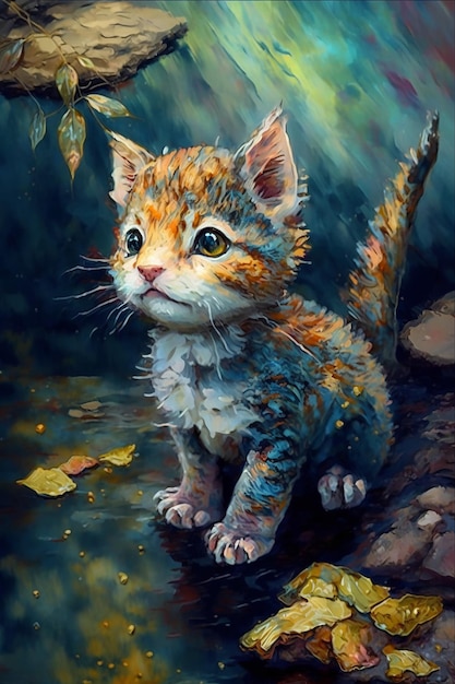 Cute wet kitten in vibrant color