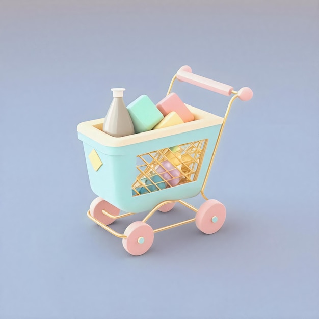 Cute whimsical 3D shopping cart icon character perfect for ecommerce retail projects website