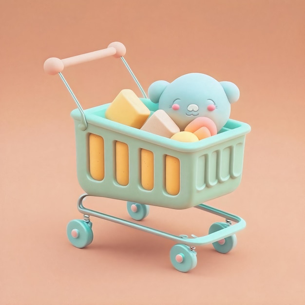 Cute whimsical 3D shopping cart icon character perfect for ecommerce retail projects website