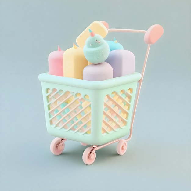 Cute whimsical 3D shopping cart icon character perfect for ecommerce retail projects website