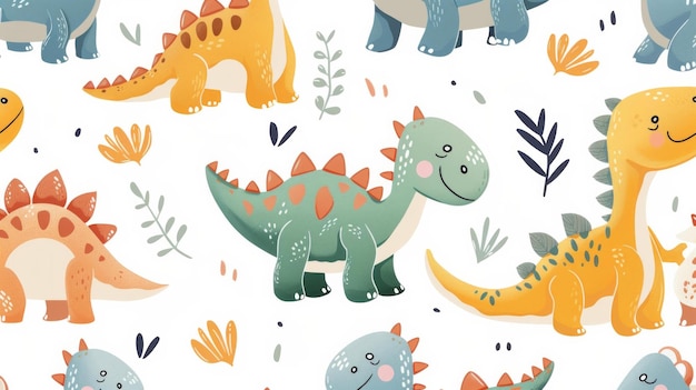 Photo cute and whimsical dino cartoon characters in a seamless repeat pattern ideal for charming children room decor bedding ai generative